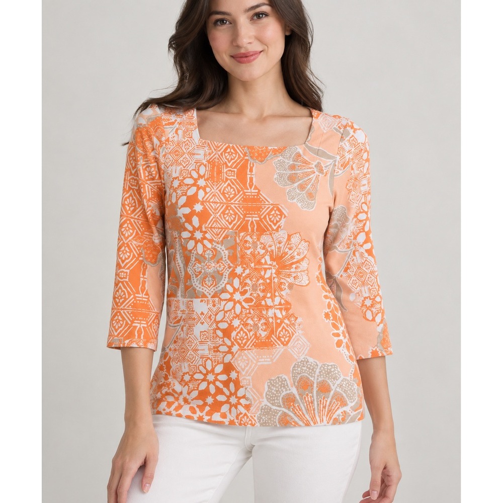 Chicos Orange Geometric Floral Tile Print Square Neck 3/4 Sleeve Cotton Top 0 S